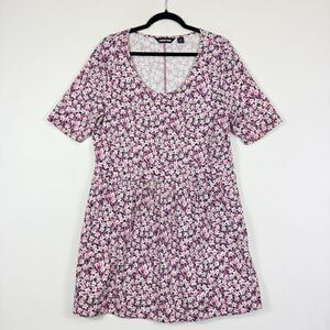Lands' End Pink Floral Knit Short Sleeve Fit Flare Dress Womens Sz Large‎ 14 16